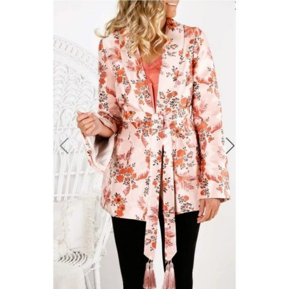 PREM THE LABEL blazer jacket dress floral cherry blossom Jacquard - Picture 2 of 9
